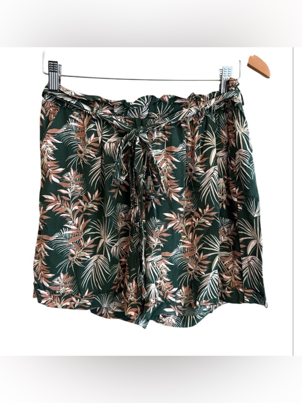 Tropical Print Forest Green Tie-Waist Bermuda Shorts